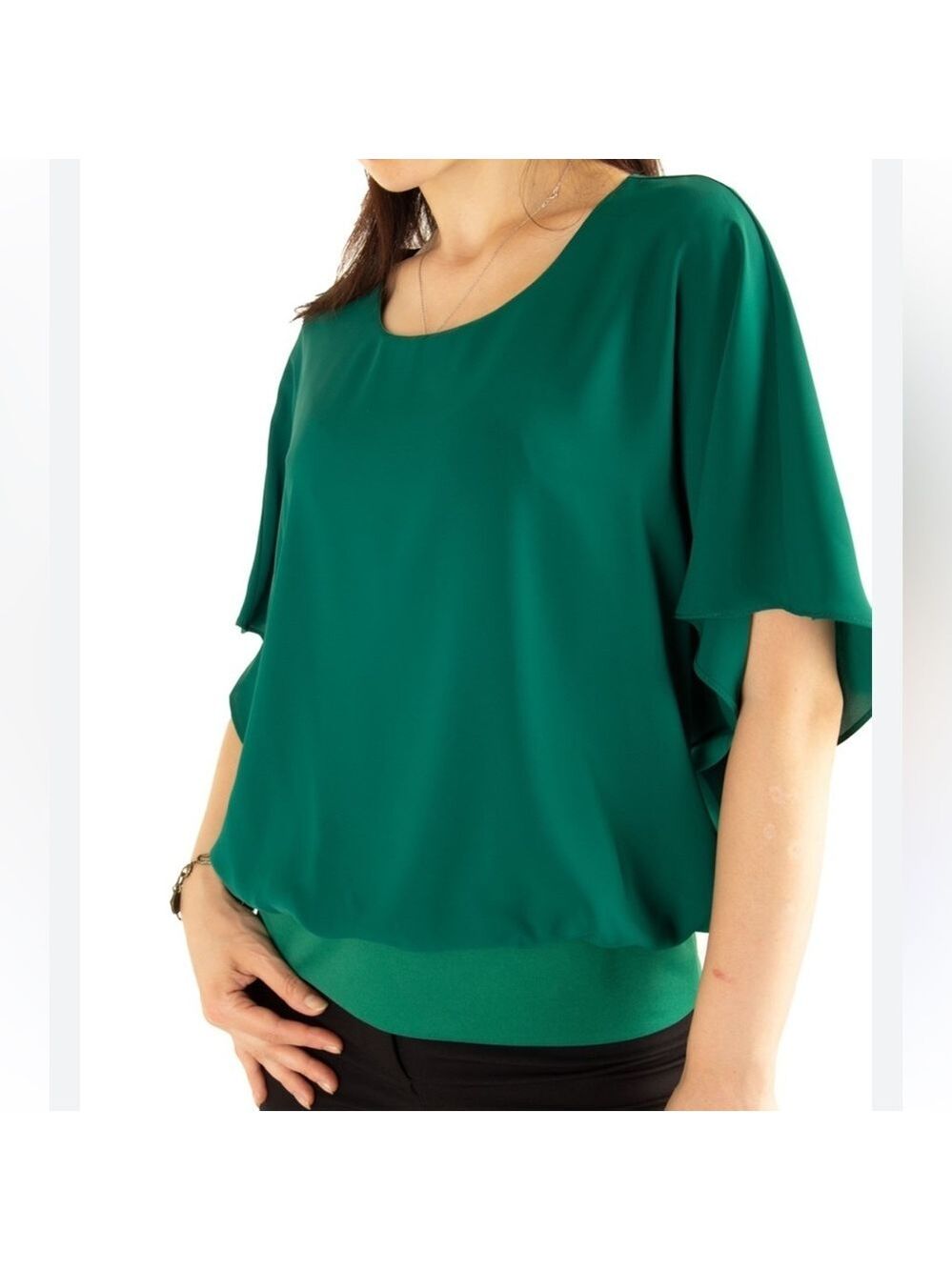 7TH Avenue Ny & Co Batwing Sleeve Banded Bottom Blouse Emerald Green Medium